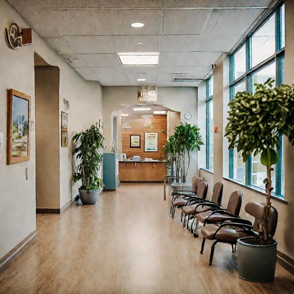 Вид сверху солнечного дня на комнату ожидания стоматологической клиники с пациентами на стульях. Есть ресепшн, комнатные растения, картины на стенах и двери в кабинеты