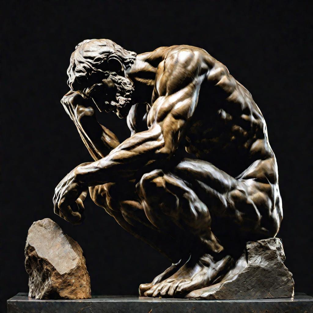 Скульптура Мыслитель Родена на черном фоне