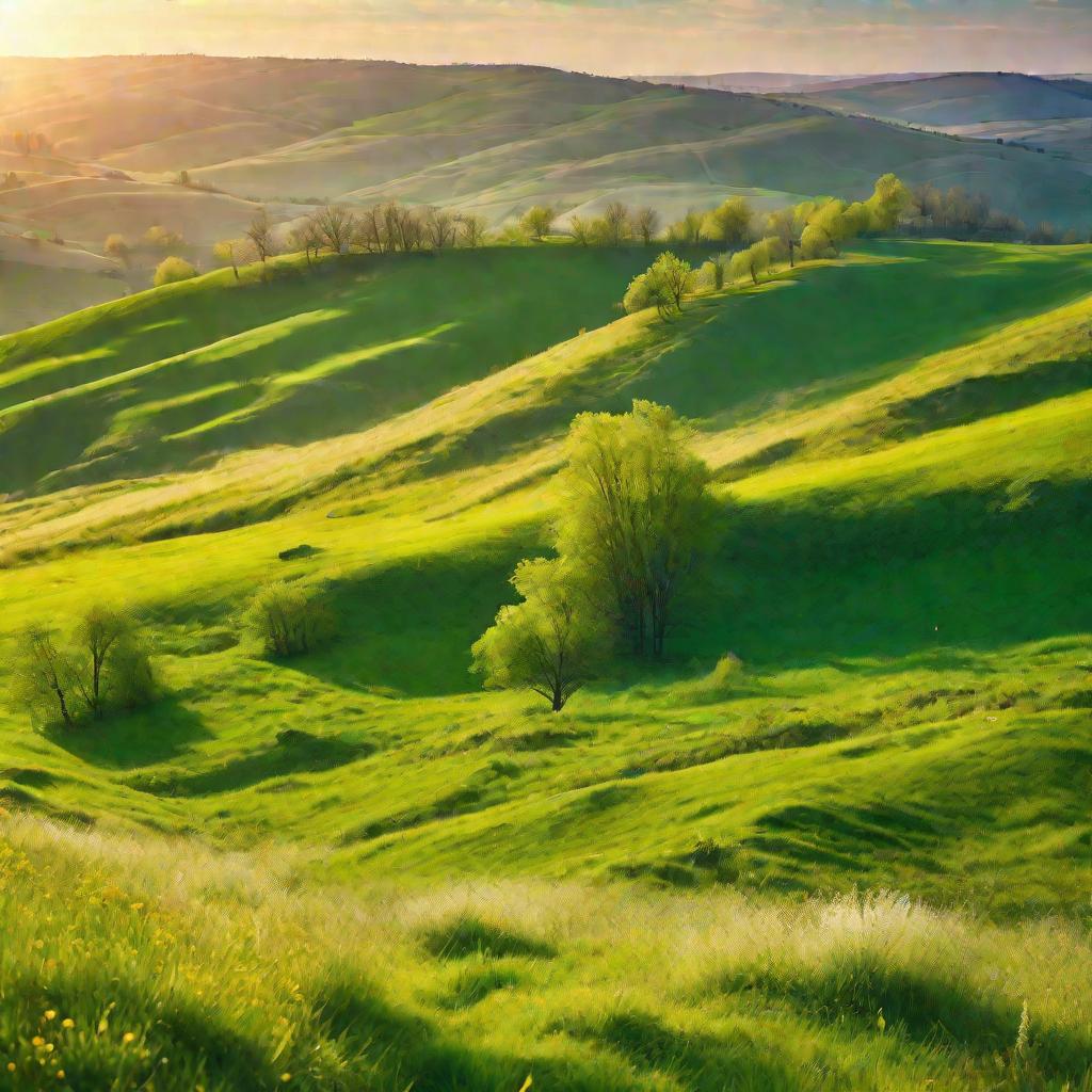 Весенний пейзаж с зелеными холмами