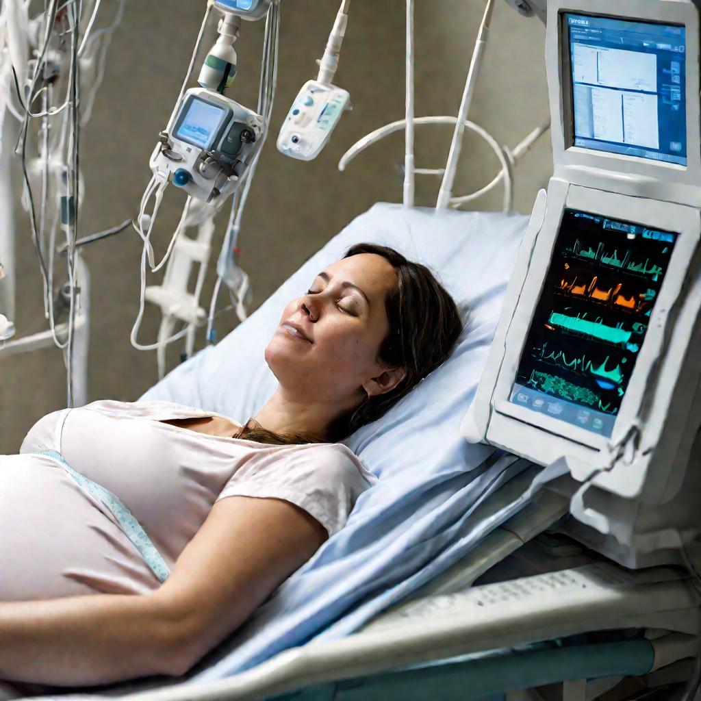 Беременная женщина в больничной палате подключена к аппаратуре для мониторинга ребенка