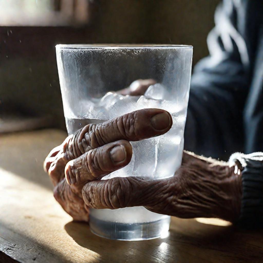 Старик держит в руке стакан свежей талой воды в надежде на ее омолаживающий эффект