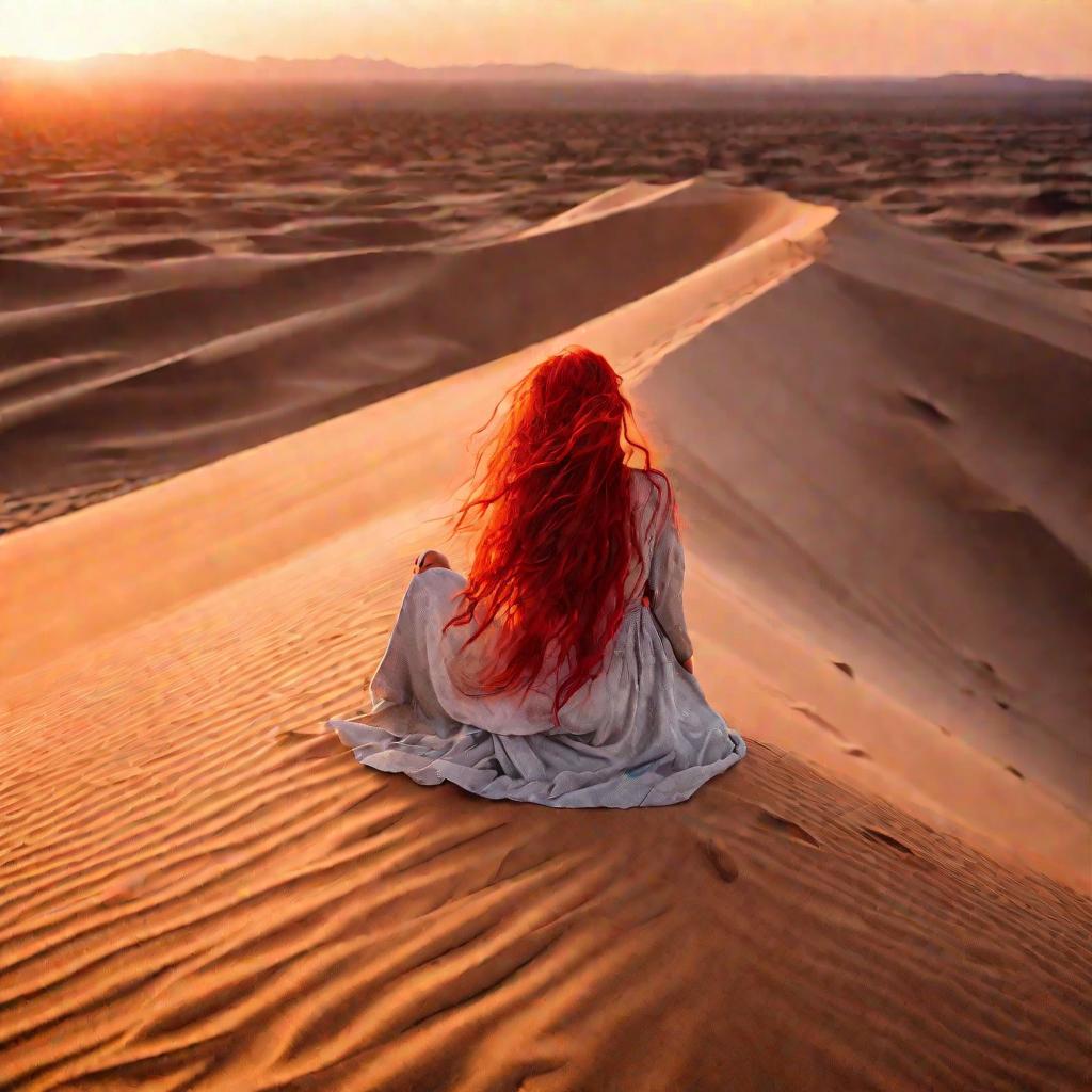 Женщина с длинными рыжими волосами на фоне пустыни на закате