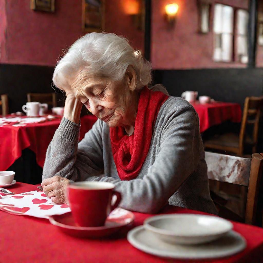 Пожилая женщина сидит одна за столом, накрытым на двоих
