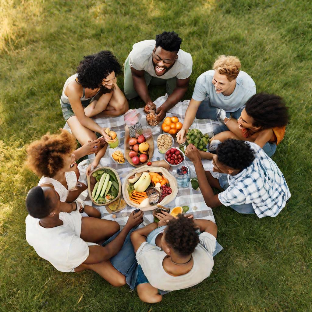 Группа молодых людей на пикнике на природе ест полезную еду и веселится