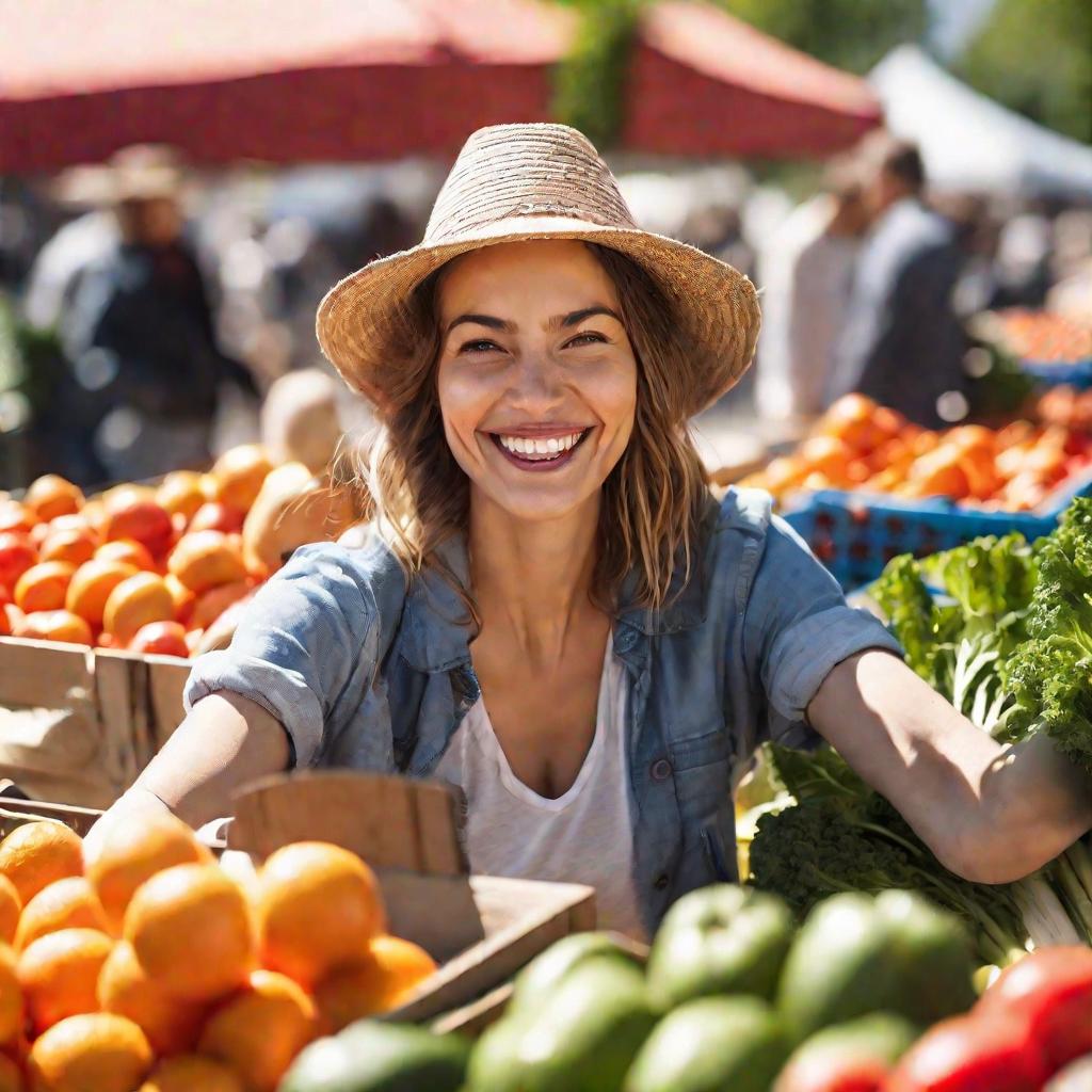 Женщина выбирает разноцветные овощи и фрукты на рынке