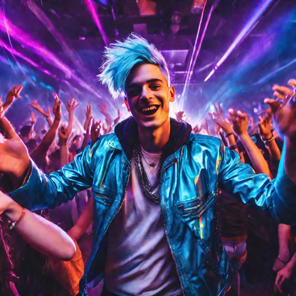 В центре танцующей толпы в ночном клубе стоит высокий мужчина с голубыми волосами в голографической куртке