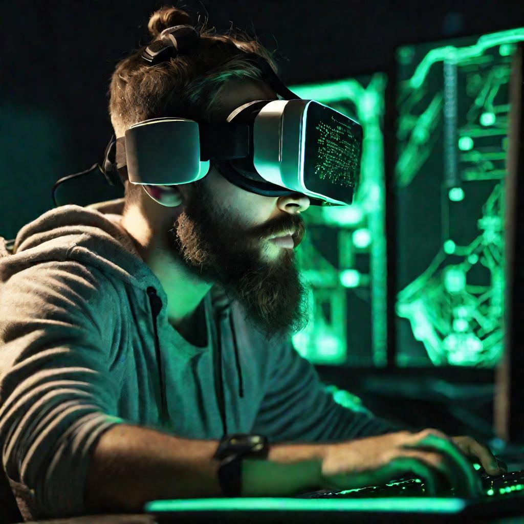 Портрет молодого бородатого мужчины в очках и VR-шлеме, сидящего за компьютером с 4 мониторами в темной комнате при зеленом неоновом свете