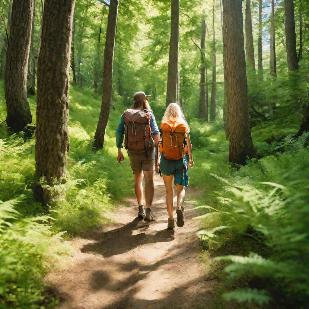 Пара идет по лесу с рюкзаками в солнечный день