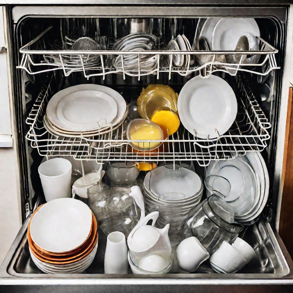Вид сверху на загруженную грязной посудой посудомоечную машину