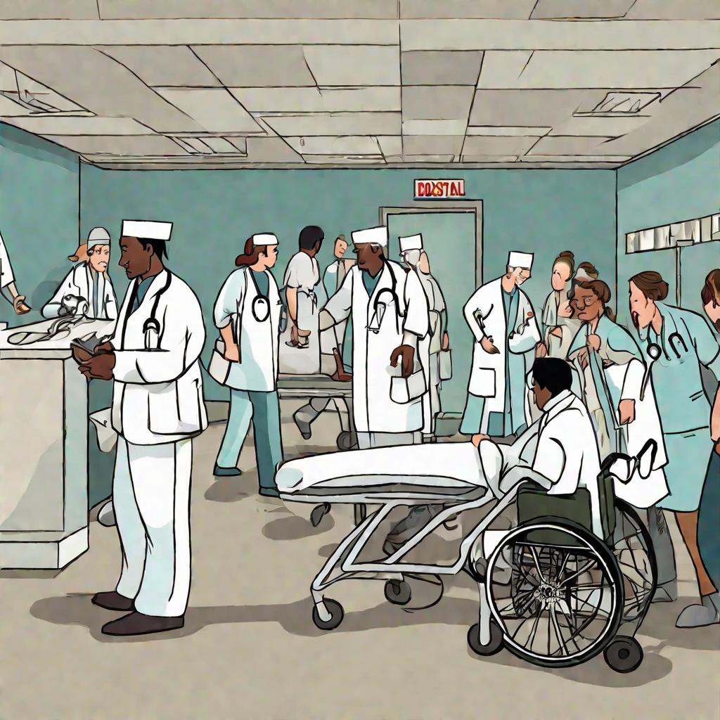 Больничная палата скорой помощи. Врачи помогают пациентам с головокружением.