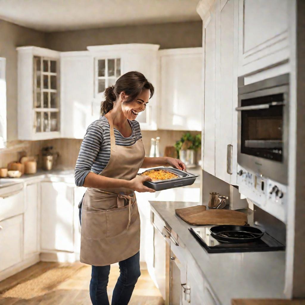 Женщина использует встраиваемую микроволновую печь на кухне