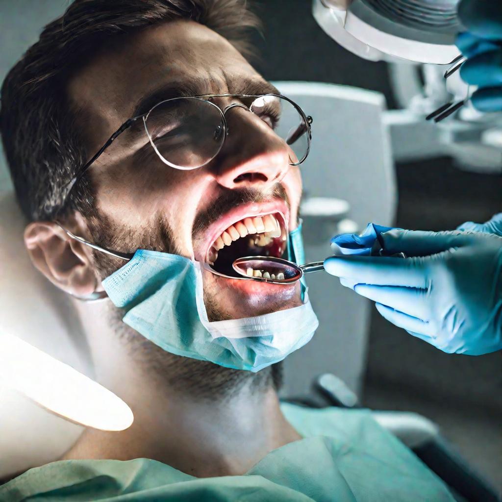 Крупный план стоматолога, осматривающего детальное нутро рта пациента под круглым светильником, в жестком студийном свете, стоматолог в защитных очках, используя металлический инструмент осматривает язык человека в клинической обстановке