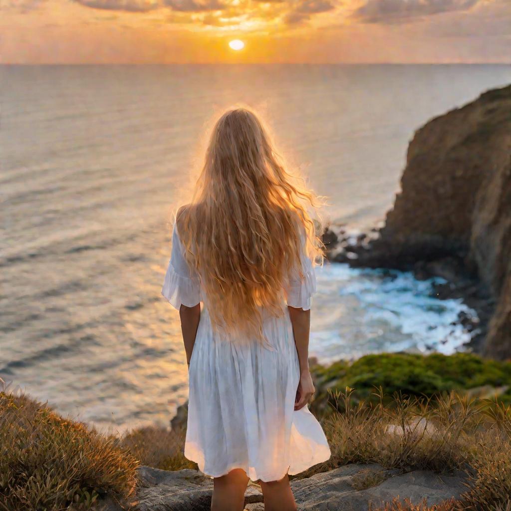 Девушка смотрит на закат на морском побережье и мечтает