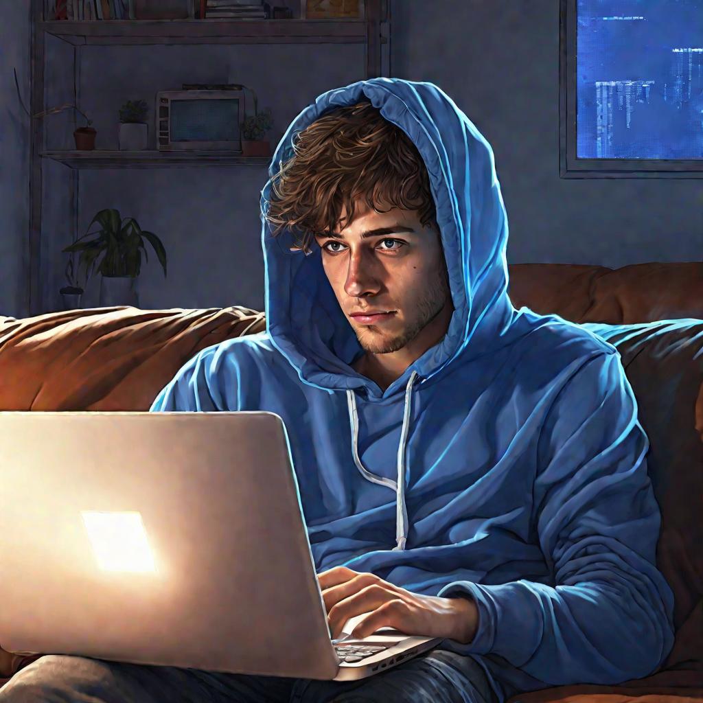 Портрет одинокого парня, общающегося в интернете поздно ночью