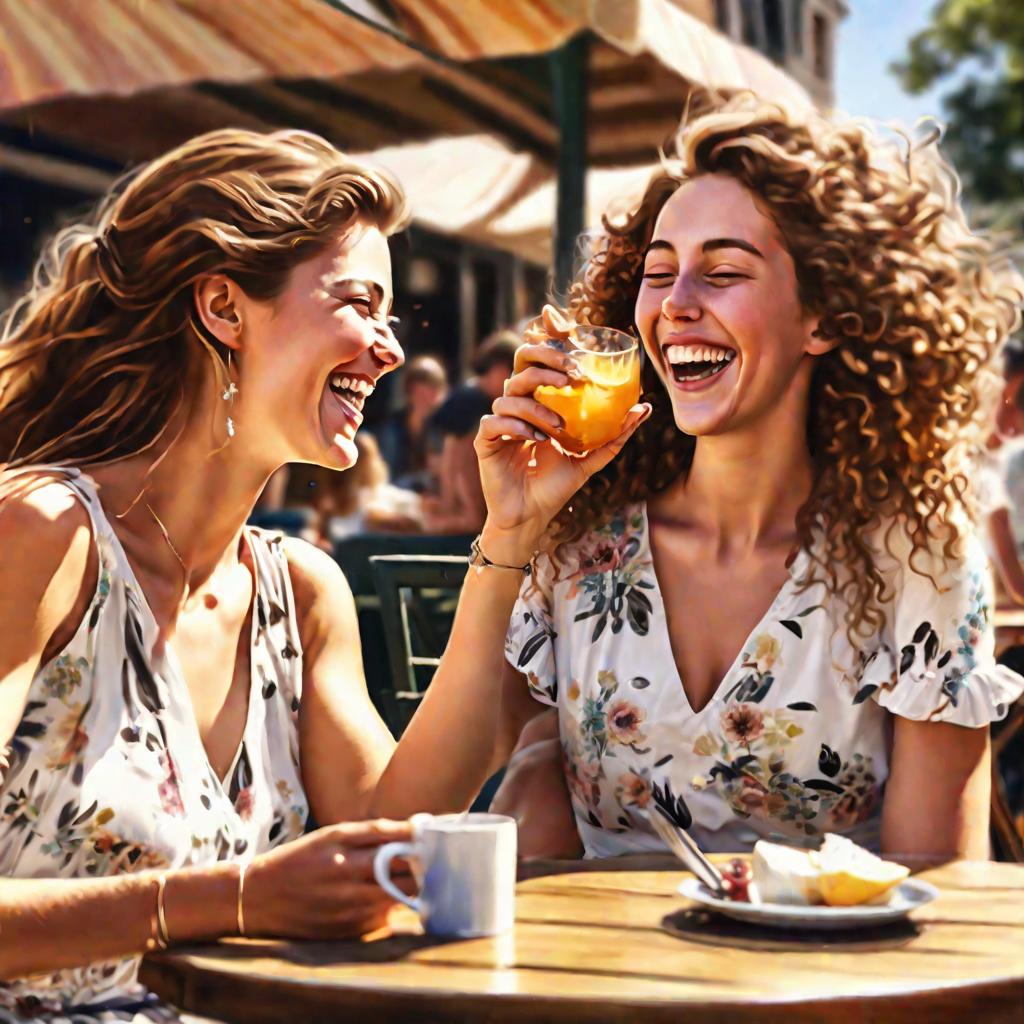 Две подруги смеются вместе за столиком кафе на свежем воздухе