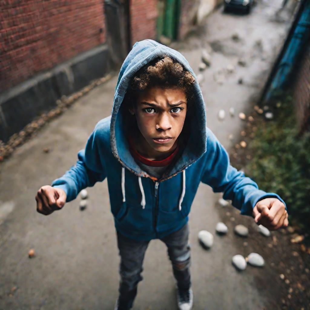 Портрет агрессивного подростка в капюшоне, бросающего камни в переулке в облачный осенний вечер
