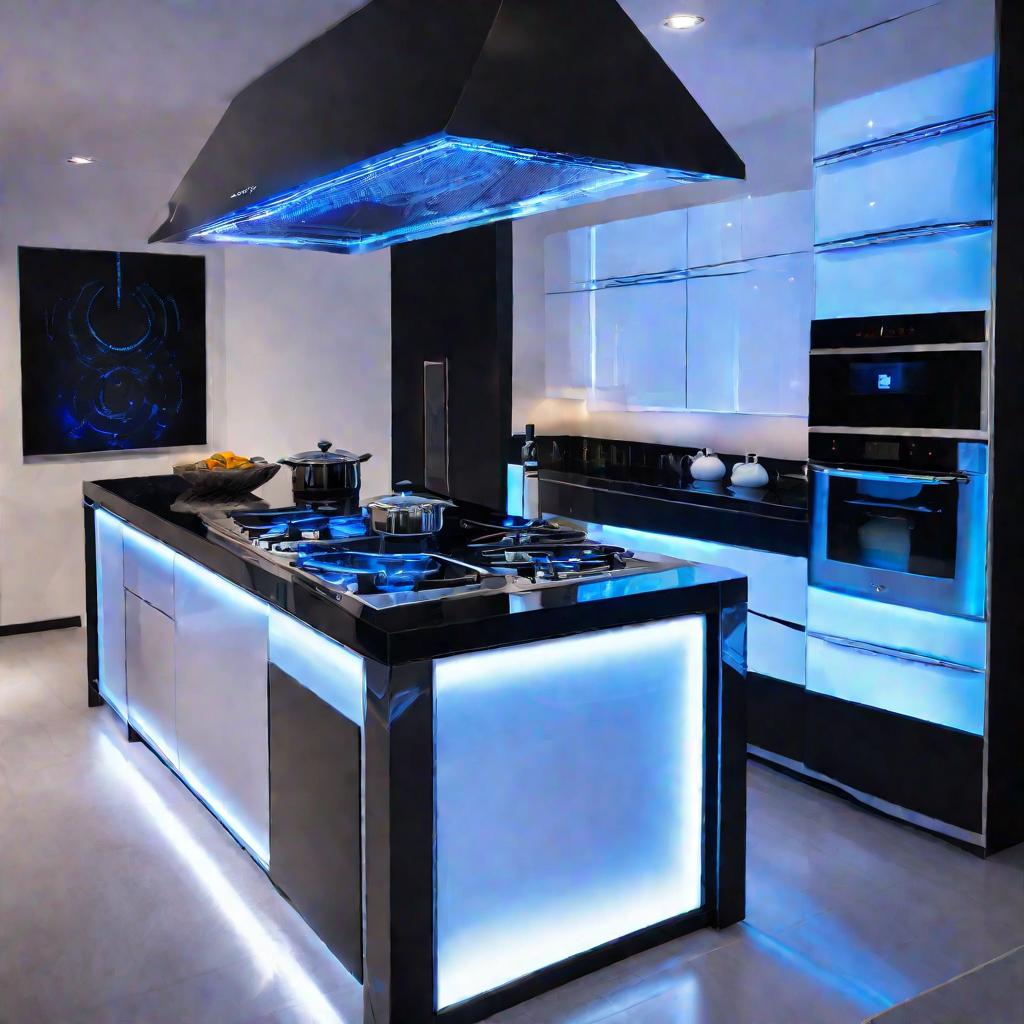 Стильная современная кухня с изящной черной индукционной плитой, светящейся голографическими синими световыми эффектами. Варочная поверхность излучает футуристическое техно настроение. Ультрасовременная кухня окутана мягким приглушенным освещением и оформ