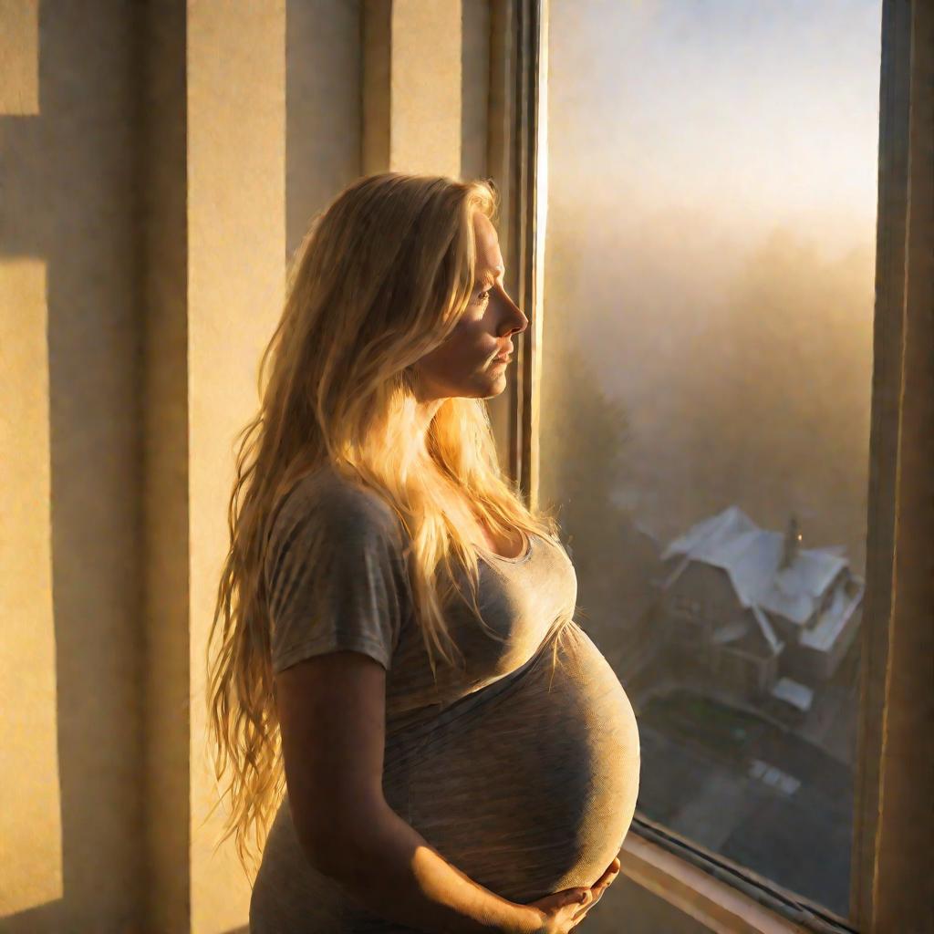 Беременная женщина с блондинистыми волосами смотрит в окно на фоне рассвета