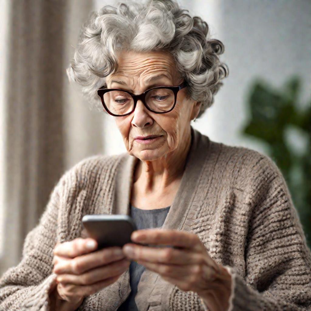 Портрет пожилой женщины, испытывающей трудности при использовании современного смартфона