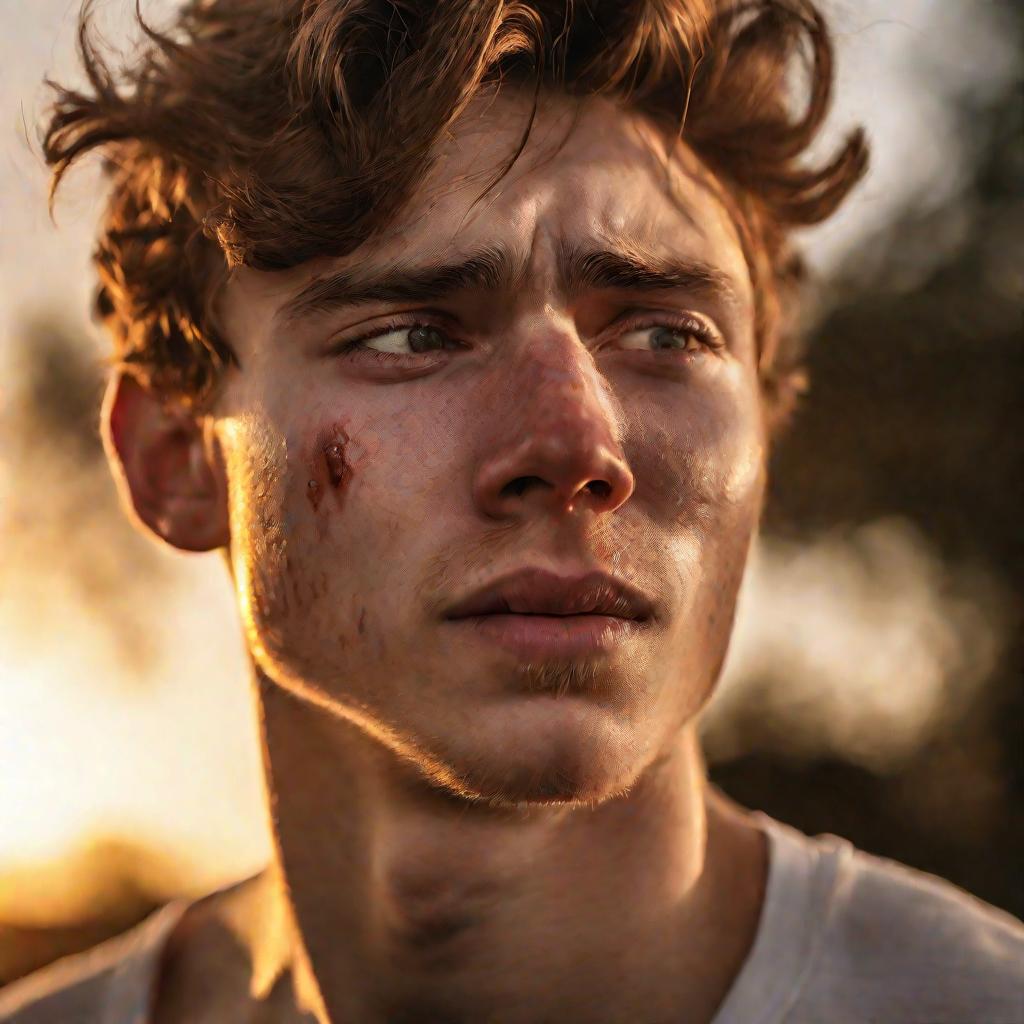 Портрет молодого человека, морщащегося от боли в левой руке