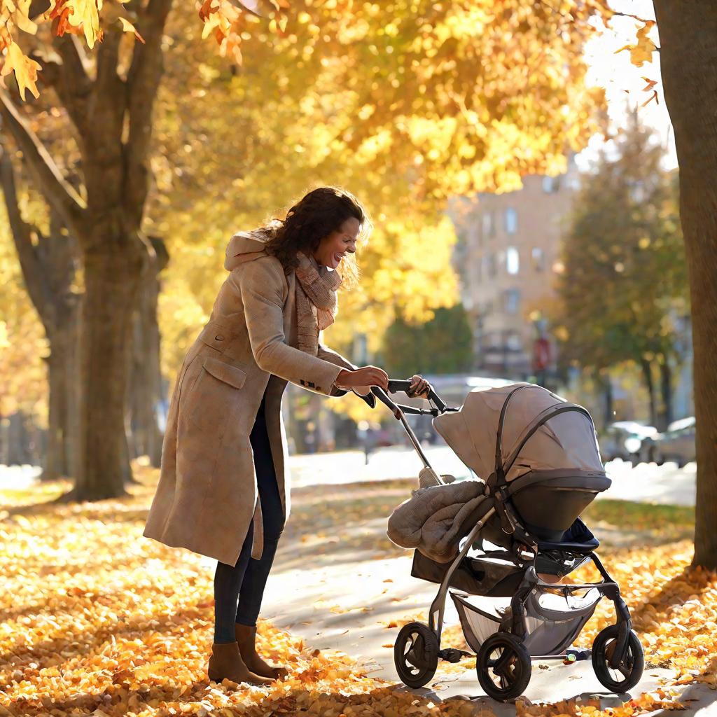 Мама гуляет с ребенком по аллее в парке, ловя осенние листья