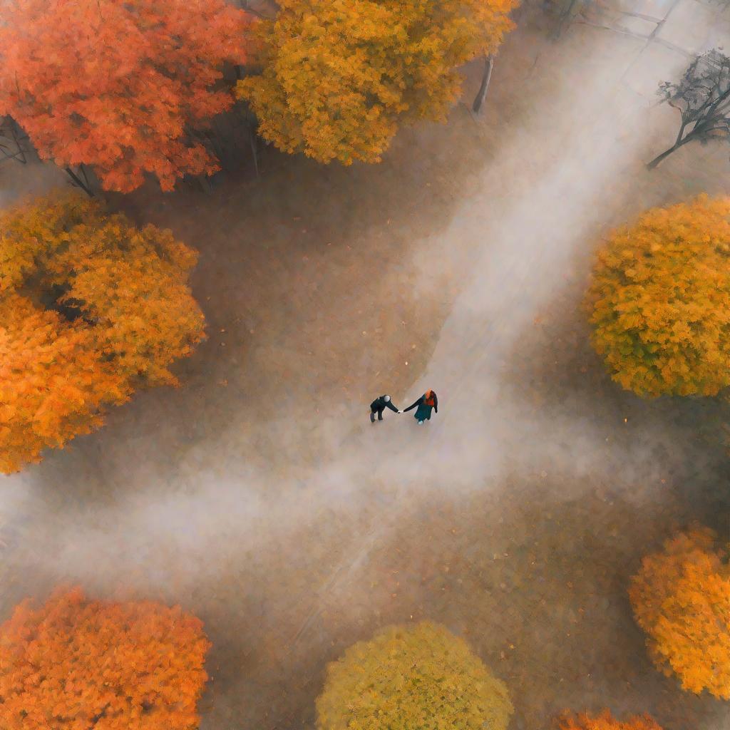 Пара держится за руки, гуляя по парку осенью в тумане мимо деревьев с оранжевой листвой
