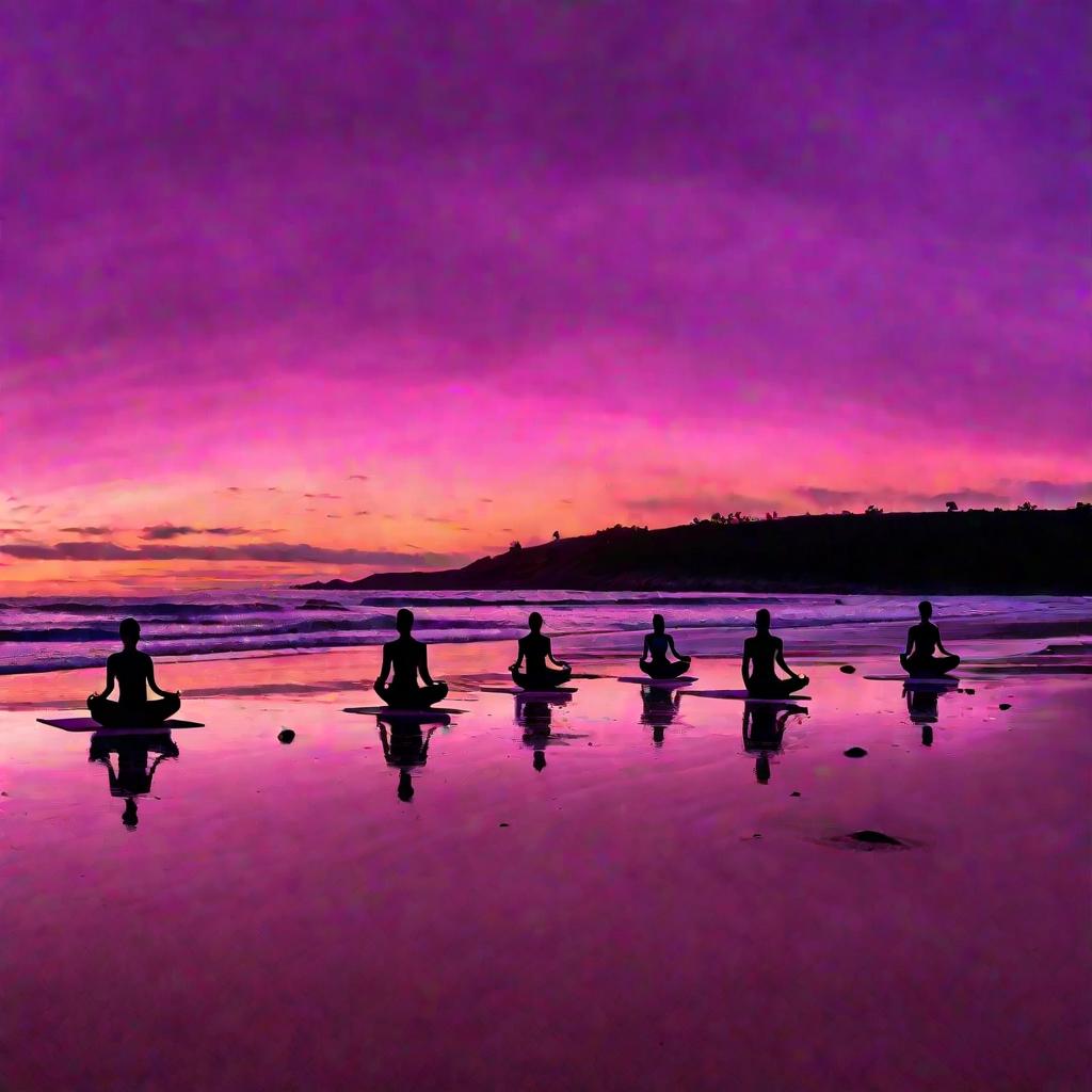 Панорамная фотография силуэтов людей, практикующих йогу на берегу в спокойном состоянии среди волшебно мерцающего вечернего неба во время фиолетового часа с парящими вокруг словами аффирмаций.