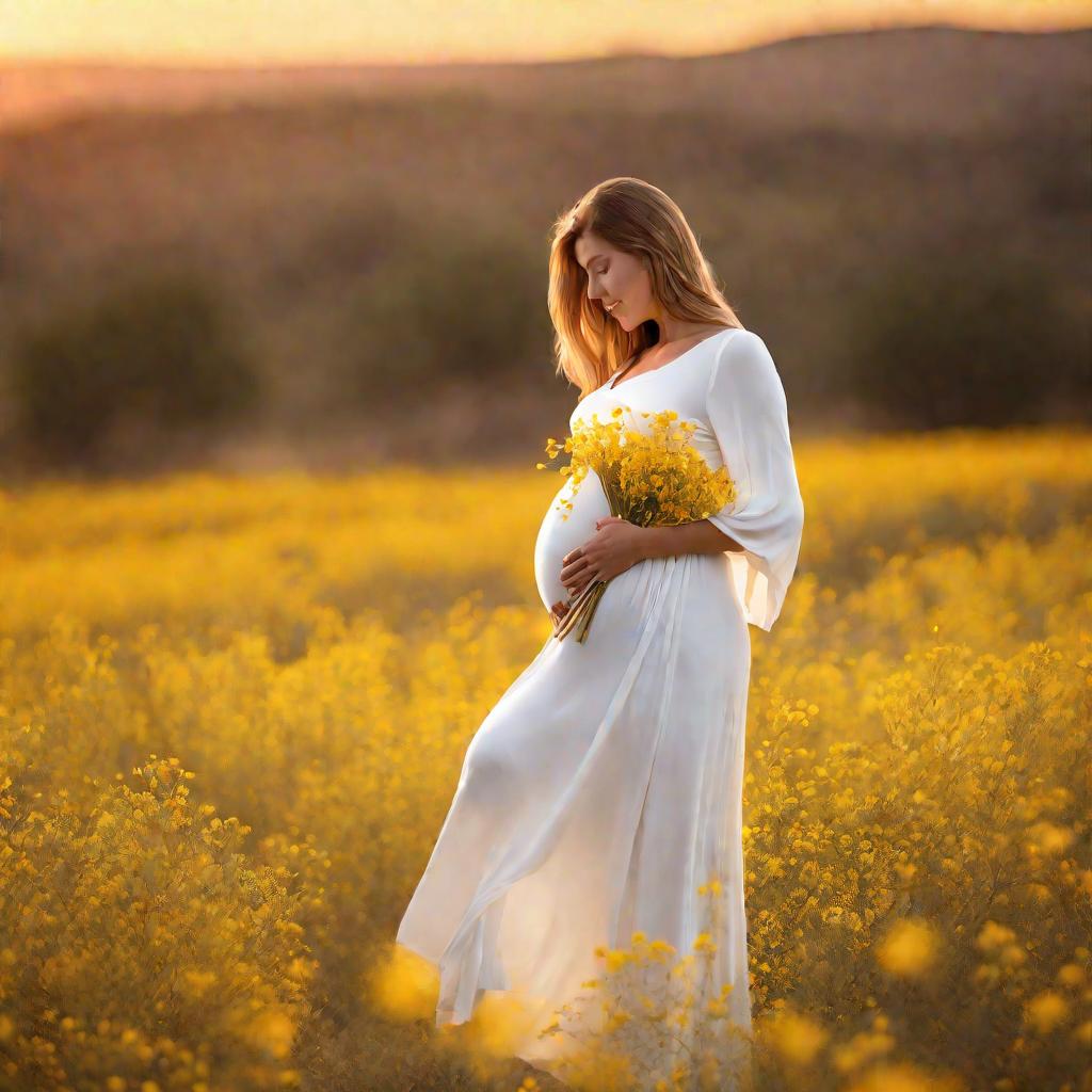 Беременная женщина в белом платье стоит в поле желтых цветов на закате