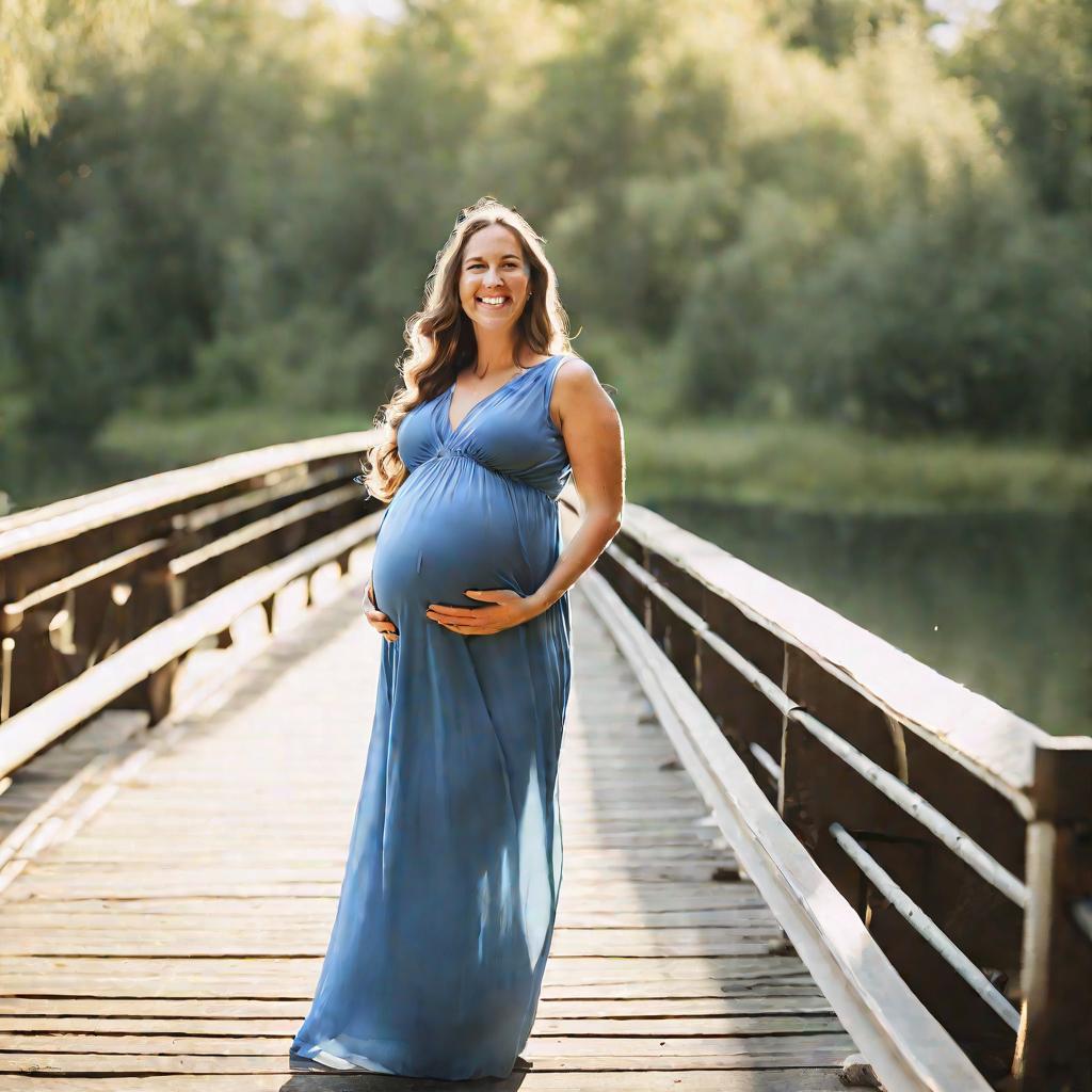 Улыбающаяся беременная женщина стоит на мосту через реку в летнем синем платье
