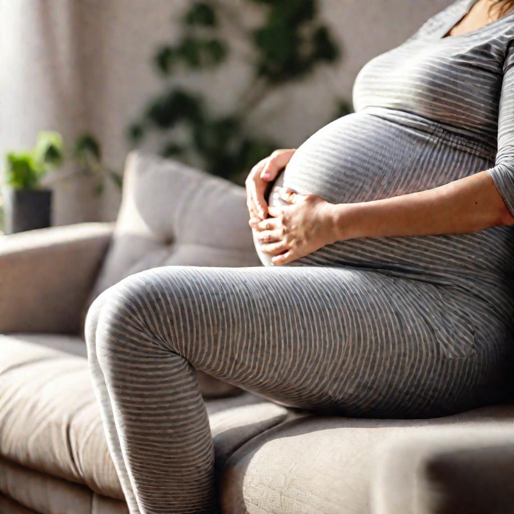Беременная женщина сидит на диване дома, нежно придерживая живот