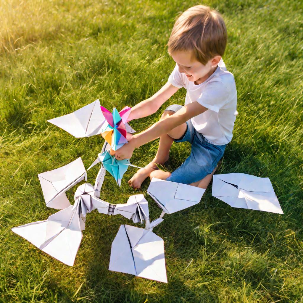 Ребенок играет с бумажным трансформером на лугу в солнечный летний день, снято с высоты.