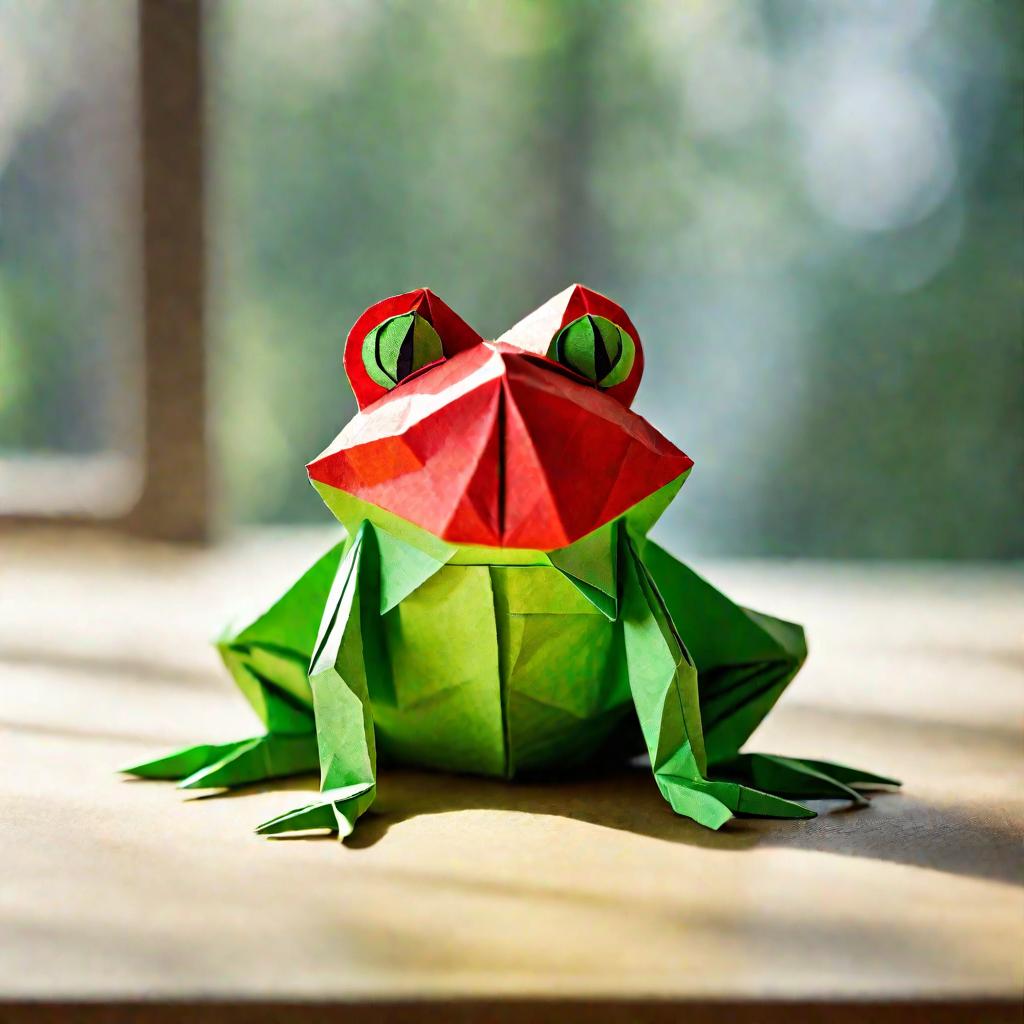 Крупным планом милая оригами лягушка, сидящая на столе и освещенная мягким естественным светом из окна. Лягушка ярко-зеленого цвета с большими глазами и красным ртом. Она сложена из текстурной зеленой бумаги с четкими складками. Сцена выглядит веселой и и