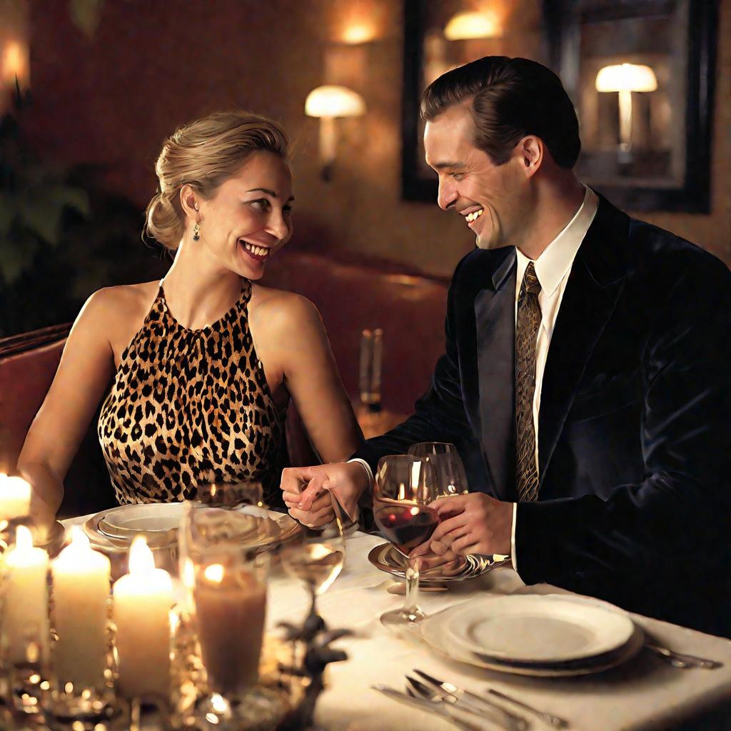 Романтический ужин пары, девушка в облегающем леопардовом платье