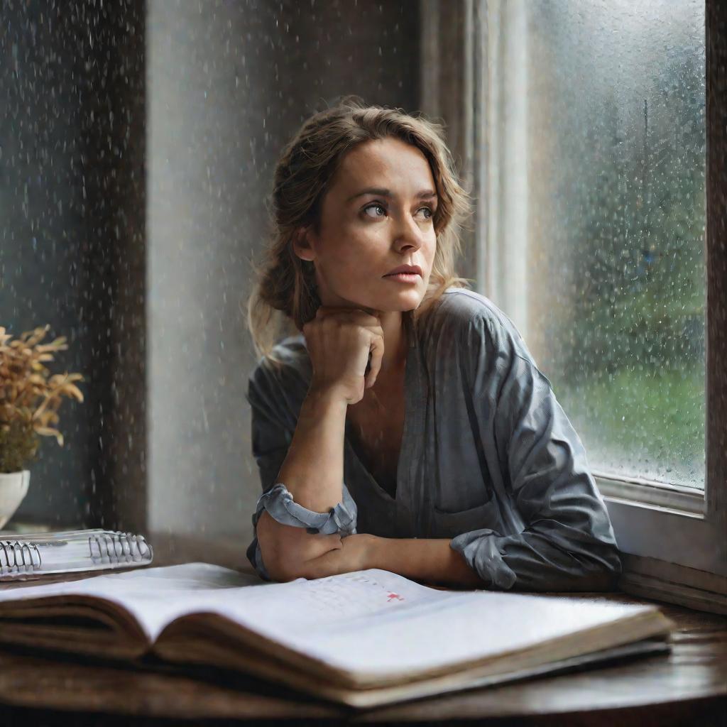 Женщина задумчиво смотрит в окно дождливым днем