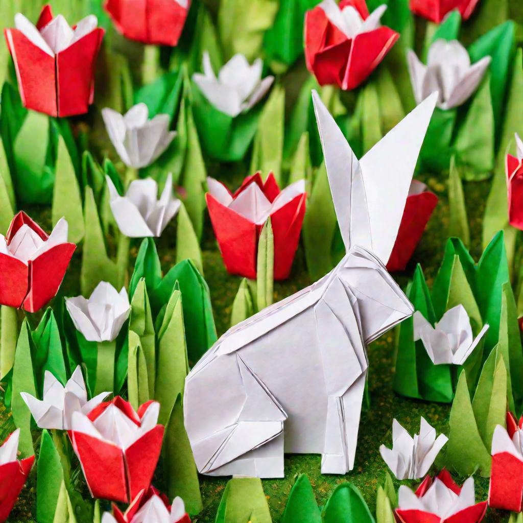 Панорамный вид сверху на оригами-зайчика, сидящего на лугу в солнечный весенний день. Заяц из белой бумаги рядом с красным тюльпаном. На заднем плане - зеленая трава и цветы.