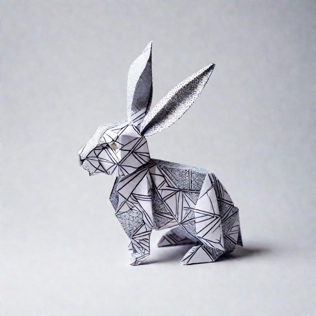 Яркий студийный портрет оригами-зайца на белом фоне. Заяц сложен из бумаги с узором в энергичной позе с одним торчащим ухом и другим свисающим вниз.