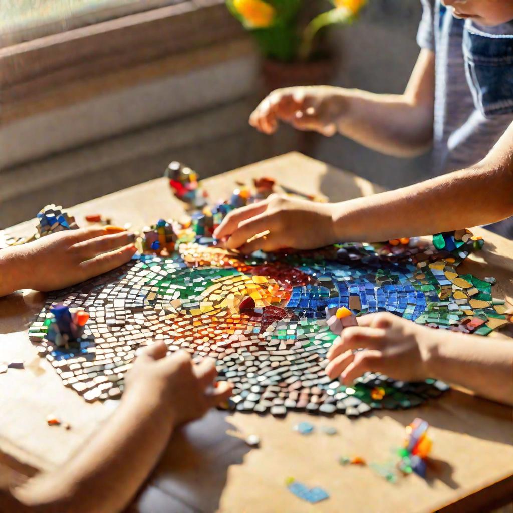 Детские руки собирают мозаику с космическим сюжетом