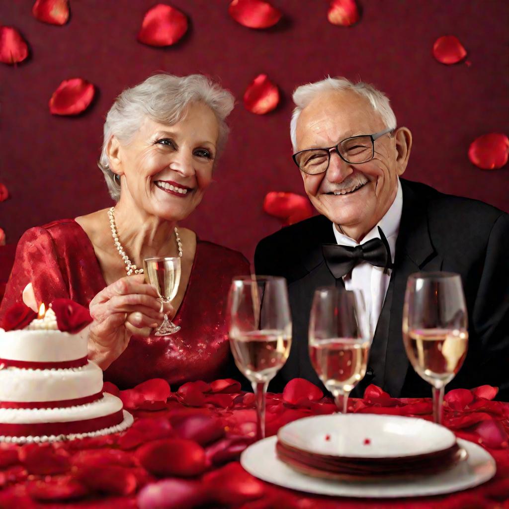 Пожилая пара чокается бокалами шампанского за праздничным столом, украшенным красной скатертью и свечами.