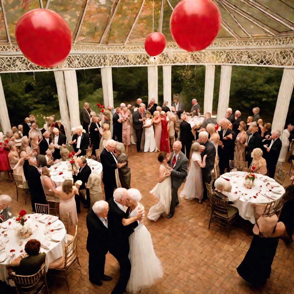 Пожилая пара танцует под беседкой в бальном зале, украшенном красными и белыми шарами и цветами.