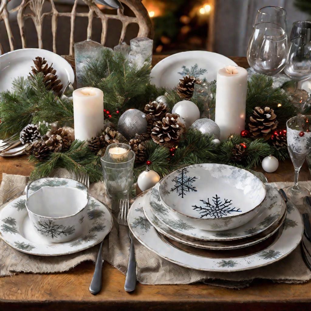 Праздничный рождественский стол, сервированный тарелками с декупажем по краям и стеклянными свечами, украшенными веточками хвойных деревьев.