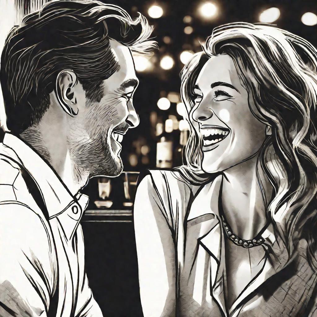 Улыбающийся мужчина и женщина ведут оживленную беседу за стойкой темного коктейль-бара.