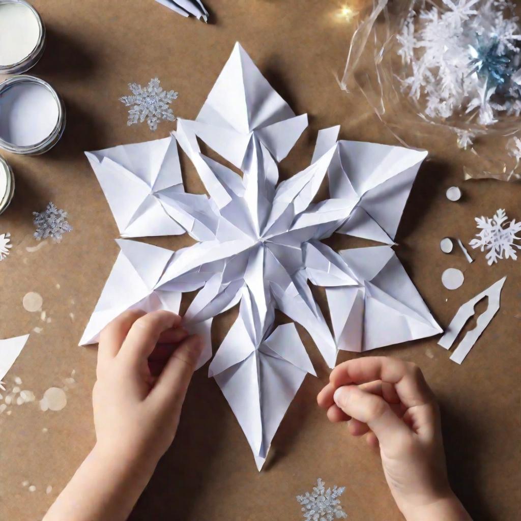 Детские руки собирают большую снежинку оригами