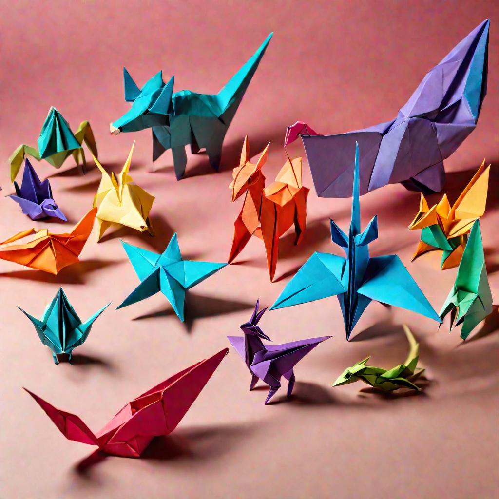 На столе разнообразные яркие оригами - лодочка, звезда, маска, фигуры