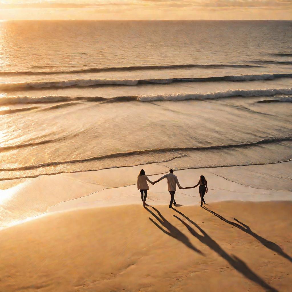 Пара идет по пляжу на закате