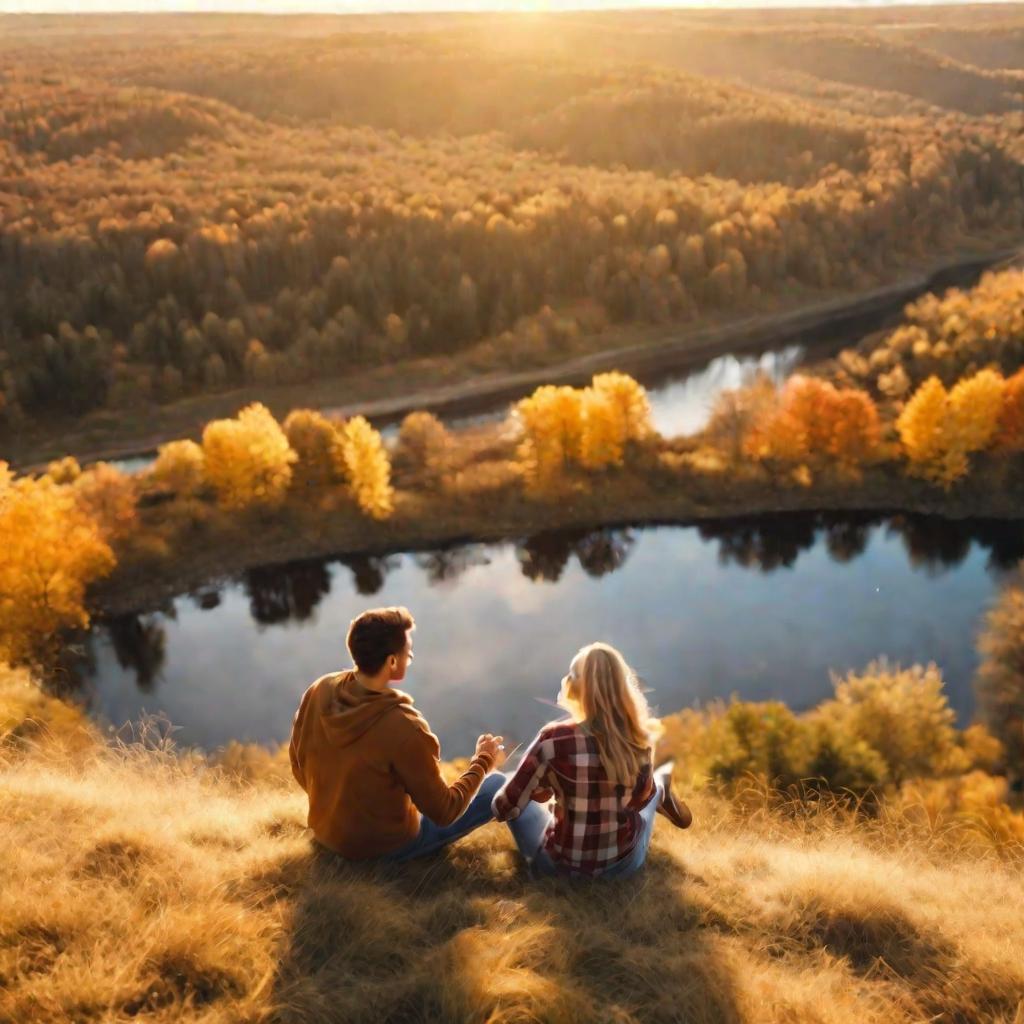 Парень и девушка, сидящие на холме и держащиеся за руки, смотрят друг на друга и улыбаются
