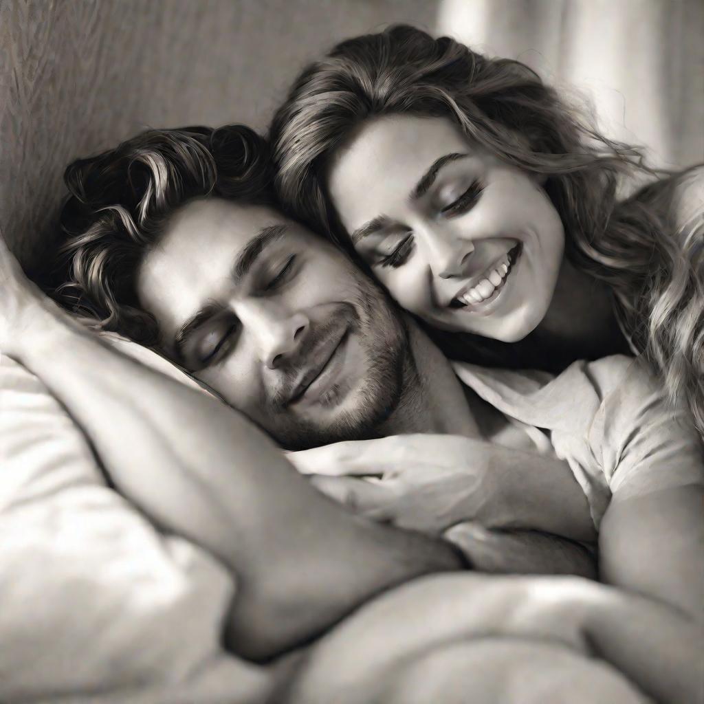 Молодая пара обнимается на кровати в спальне, девушка улыбается с нежностью и блаженством, а парень ласково ей улыбается и гладит по волосам, демонстрируя их крепкую романтическую связь