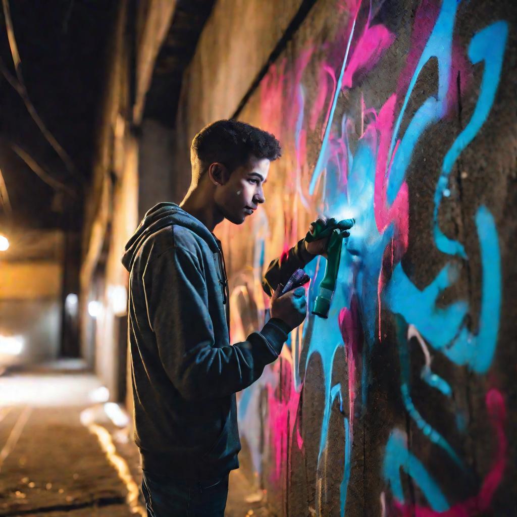 Молодой человек рисует яркое светящееся граффити