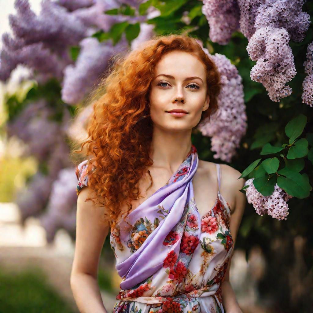 Русская девушка в коротком асимметричном платье из 3 шелковых цветочных платков позирует возле сирени весной