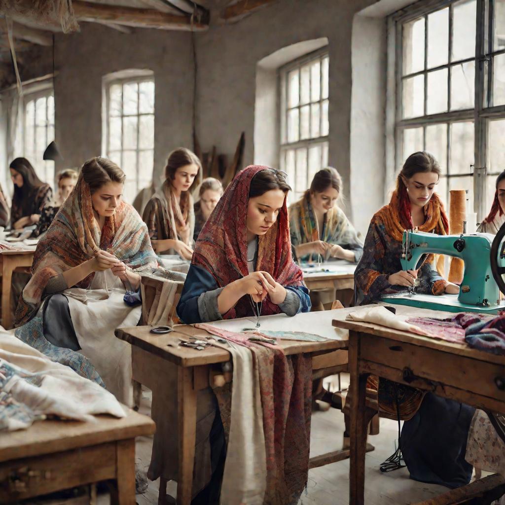 Группа девушек шьет платья из платков в швейной мастерской