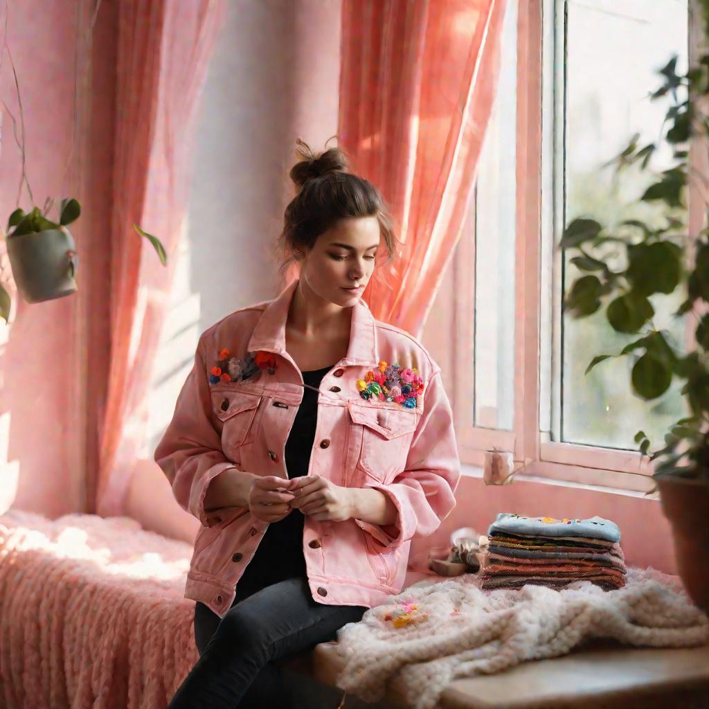 Девушка в розовой джинсовке и черных джинсах вышивает у окна в утреннем свете гостиной